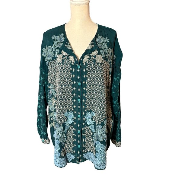 Johnny Was Yoko Embroidered Blouse size L large Lakeside blue button shirt - Picture 4 of 13